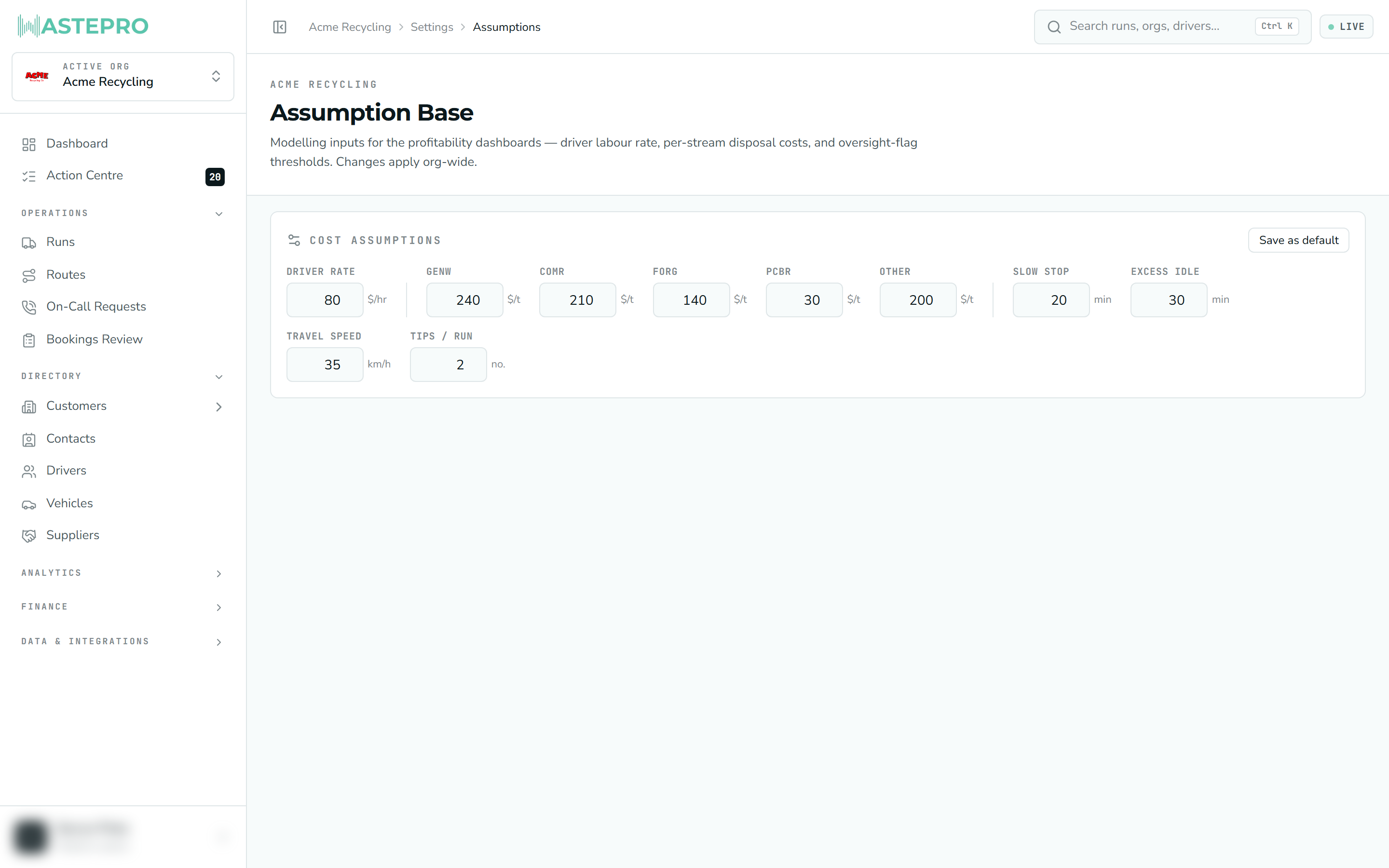 The Assumption Base screen