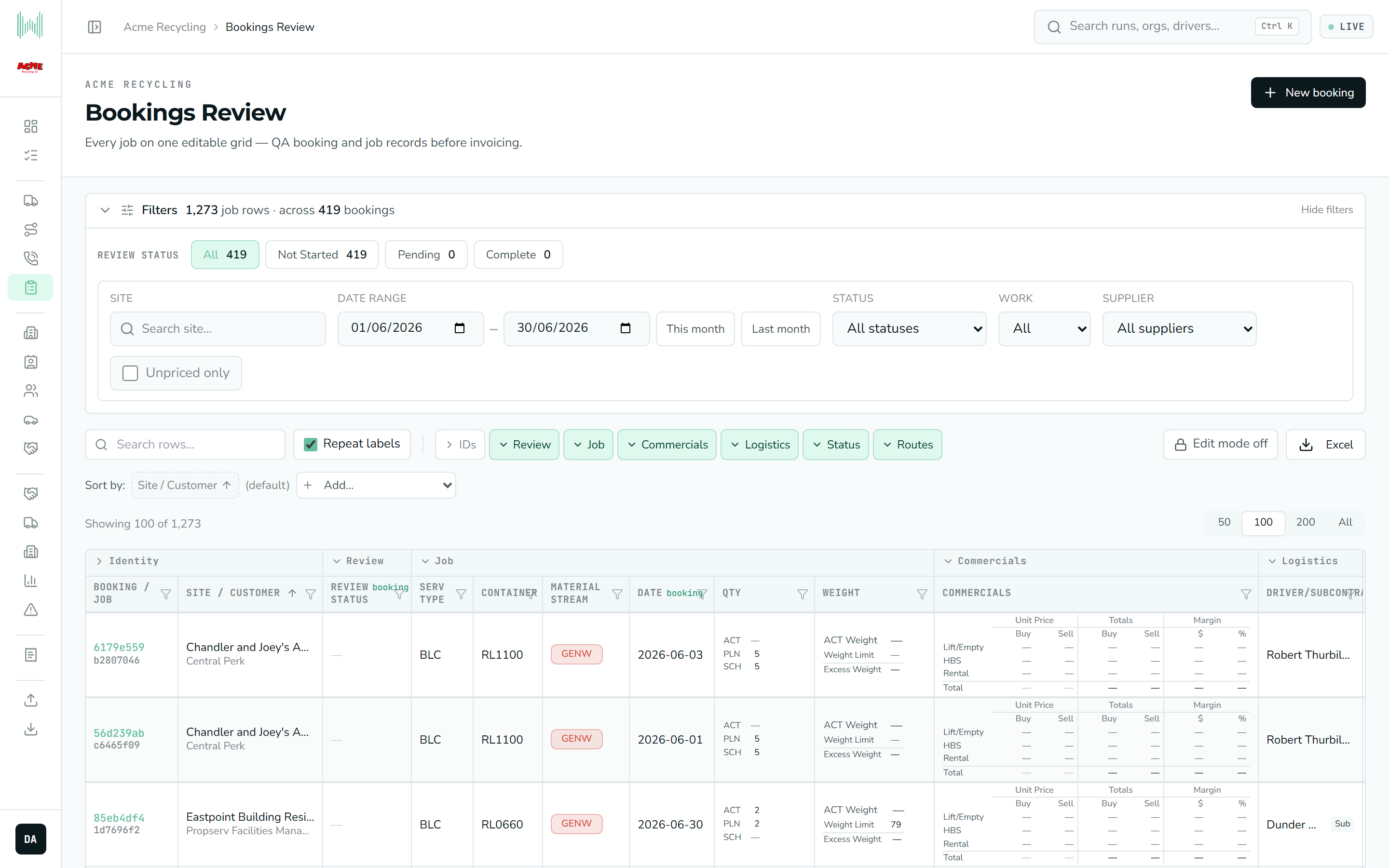 The Bookings Review grid