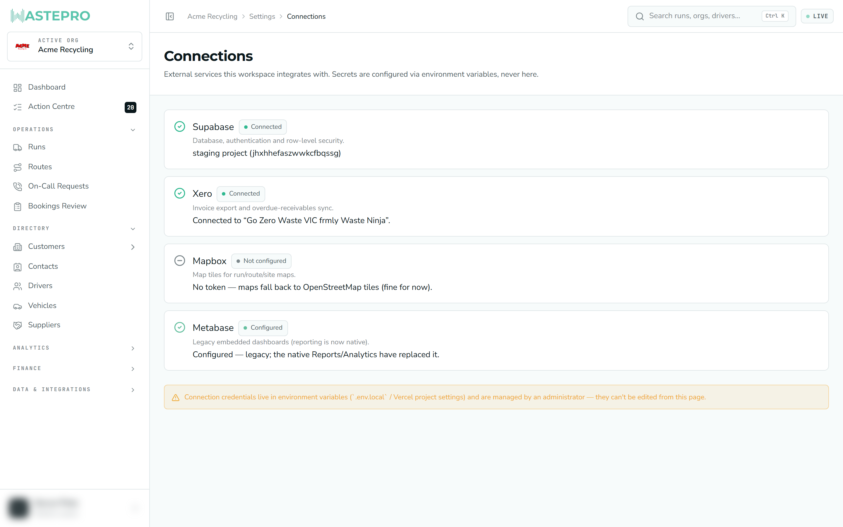 The Connections screen