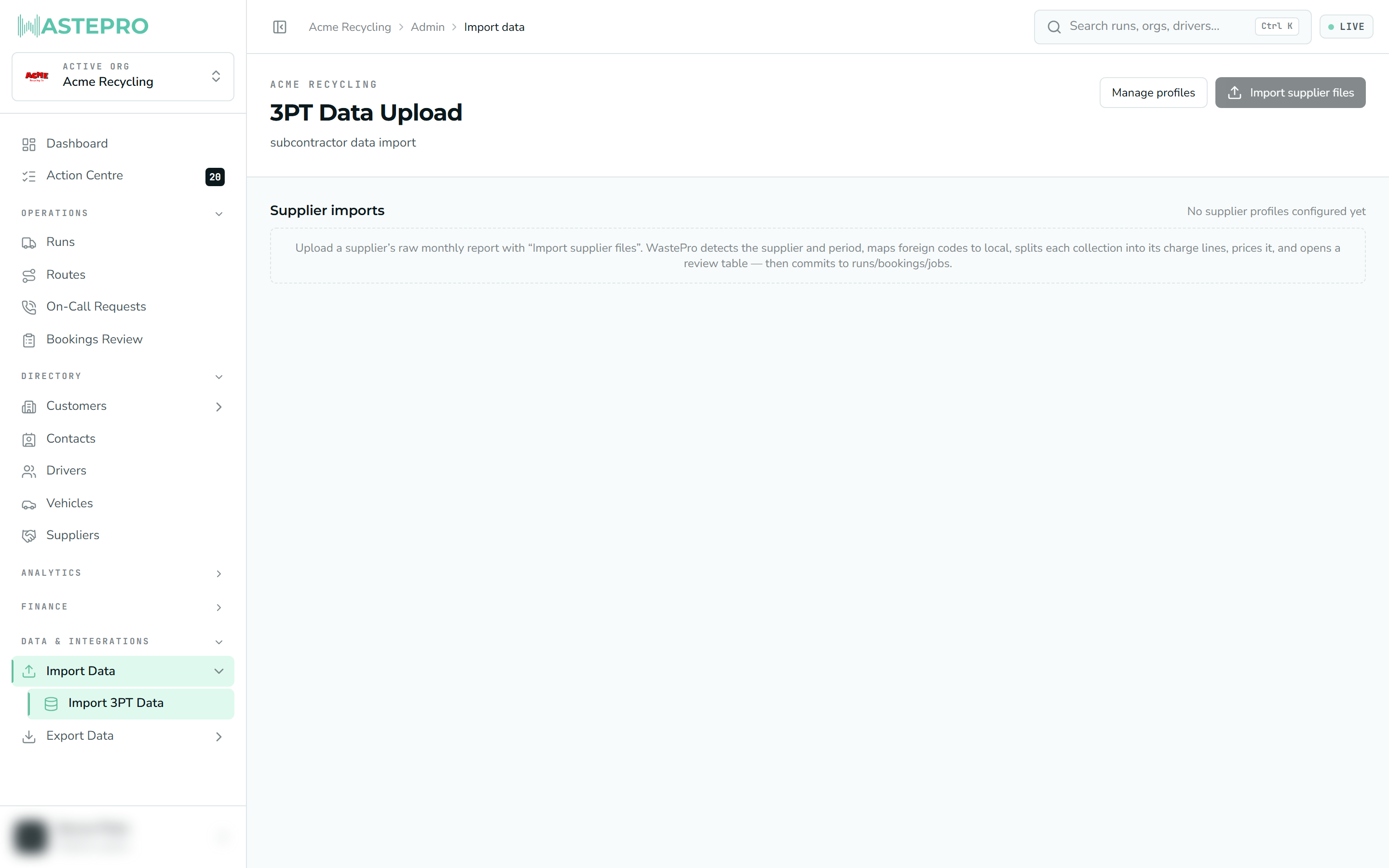 The data import screen