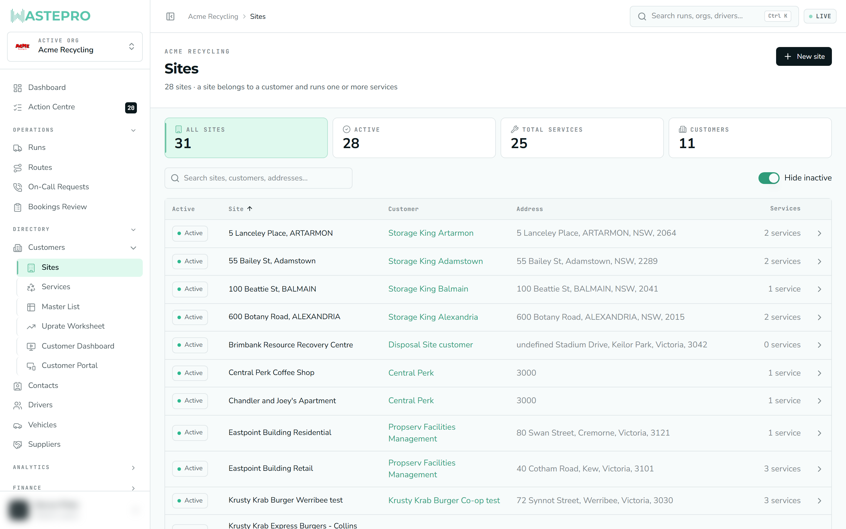 The Sites screen