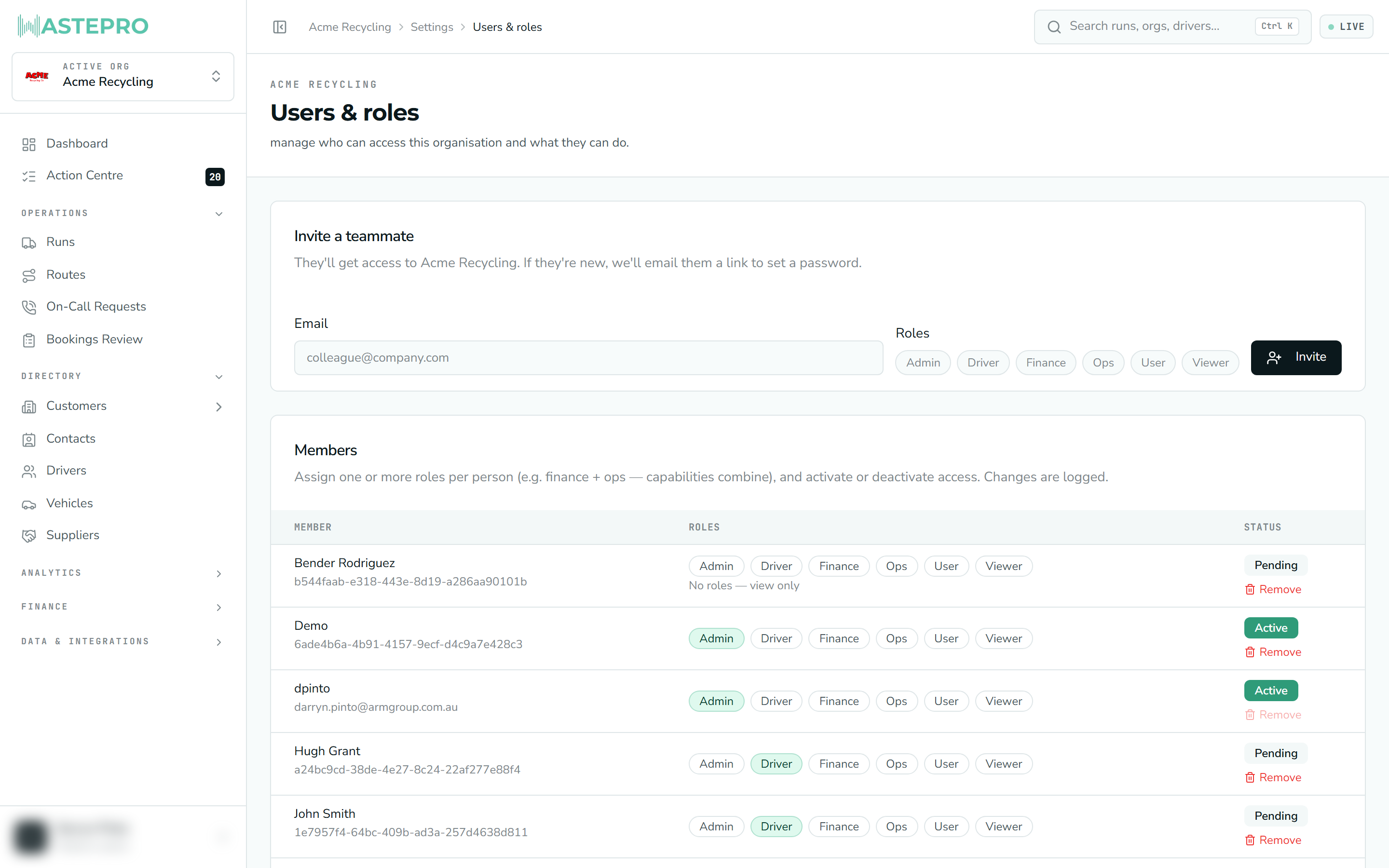 The Users & roles screen