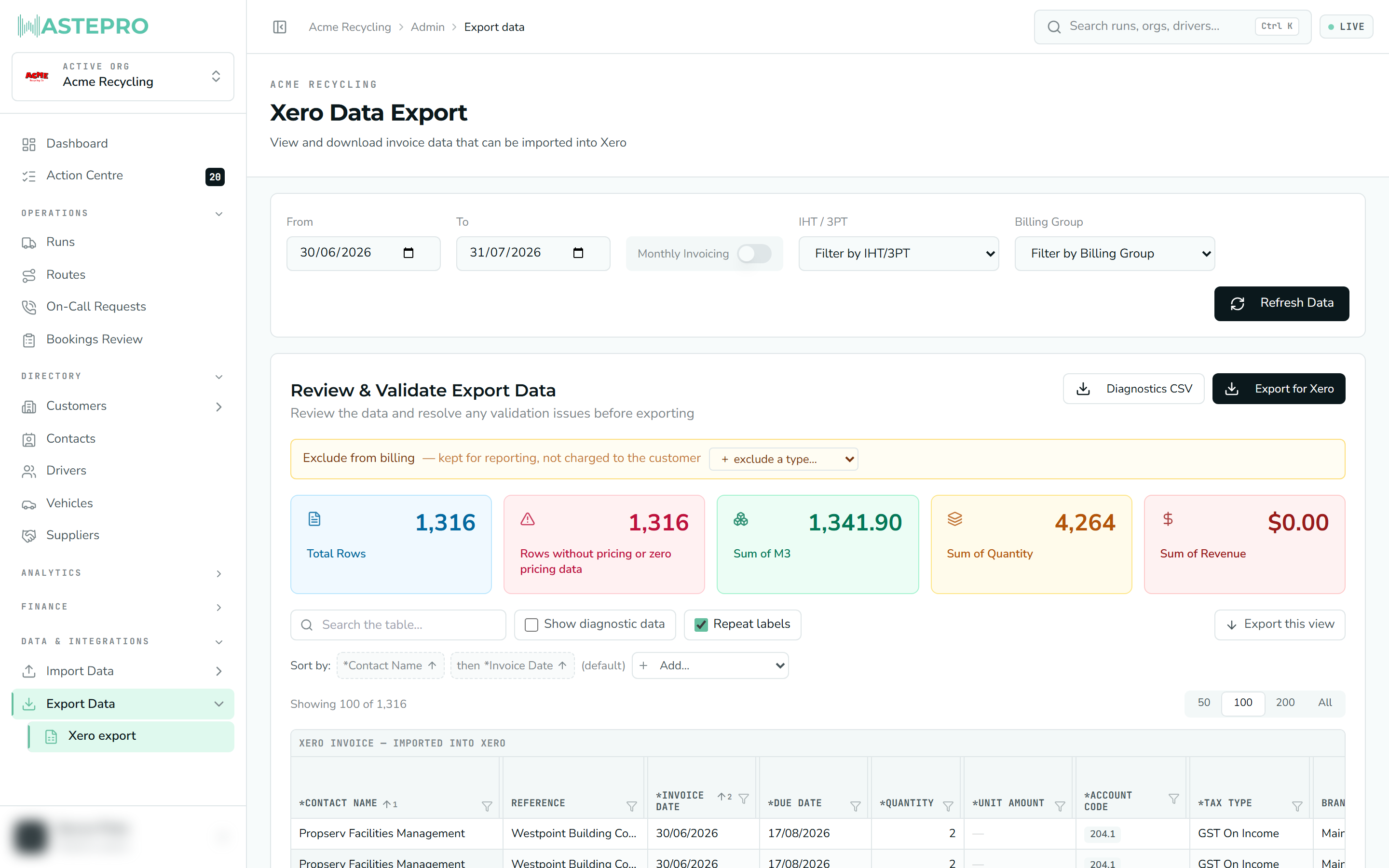 The Xero export screen